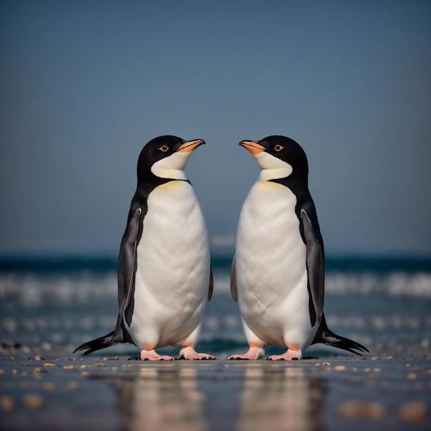 2 penguins in love against the background of the sea