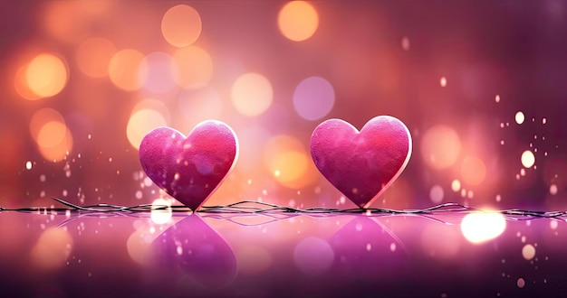 2 red hearts on a pink background with white lights in the style of light gold and purple