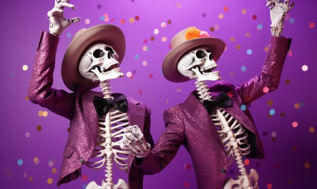 2 skeletons dancing at a party wearing party hats and confetti falling