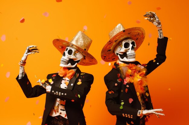 2 skeletons dancing at a party wearing party hats and confetti falling