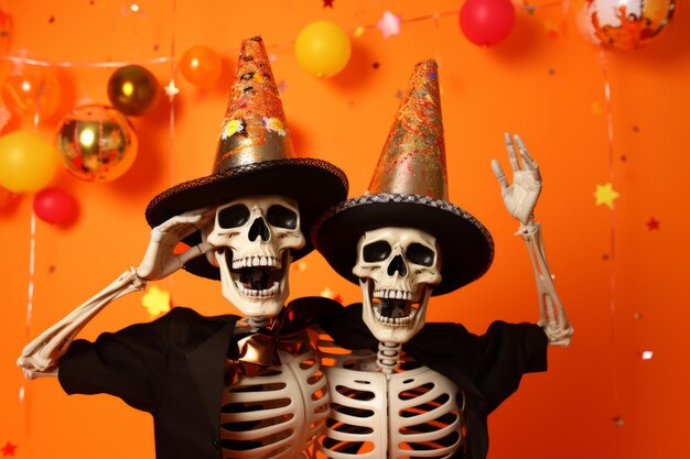 2 skeletons dancing at a party wearing party hats and confetti falling