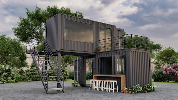 Photo 2 storey container cafe and restaurant 3d illustration