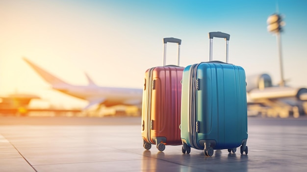 空港内に置かれた2つのスーツケース 旅行コンセプト ジェネレーティブai