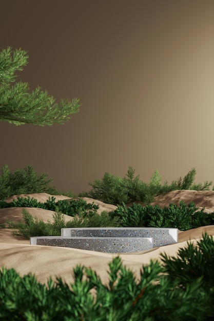 砂と小さな植物のモックアップ シーンの 2 段の灰色の大理石の台座抽象的なモックアップ シーン