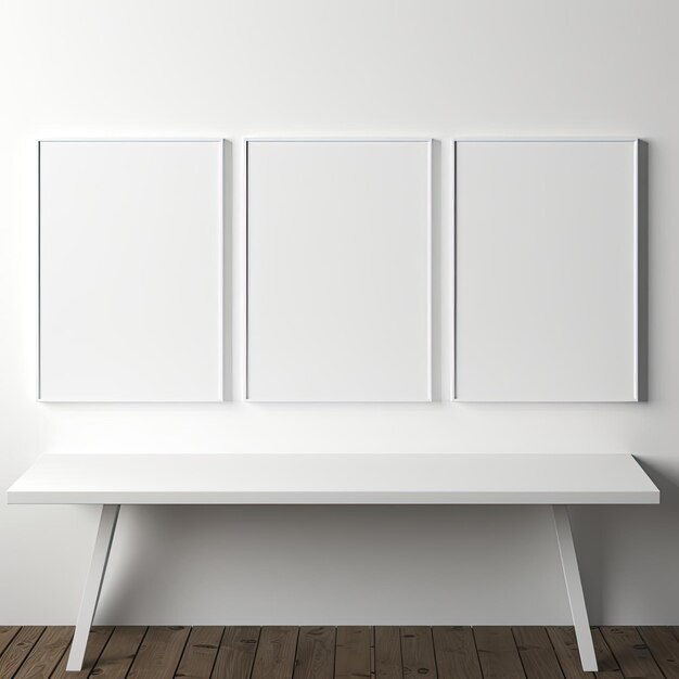 2 white wooden work tables with a blank poster on each end in the style of aerial view