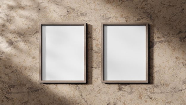 2 Wooden frames mockup on beige neutral background 3d with modern lighting