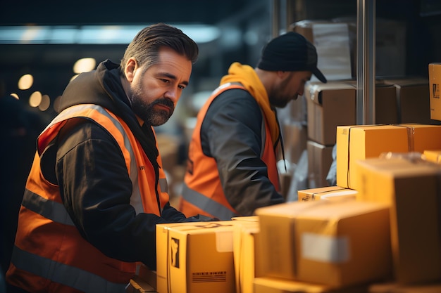 2 workers checking stock of package boxes Storage warehouse Inventory management supplies