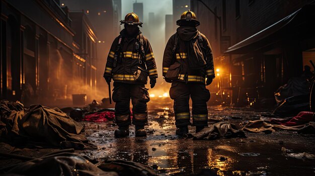 Фото Два работающих пожарных, одетых в пожарные шляпы и желтые пожарные униформы.
