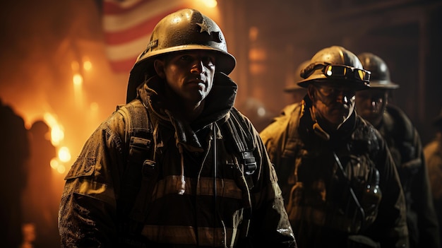 Фото Два работающих пожарных, одетых в пожарные шляпы и желтые пожарные униформы.