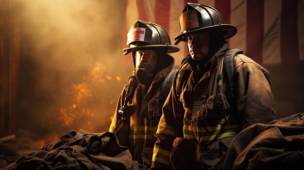 Foto due vigili del fuoco in piedi indossano cappelli da vigile del fuoco e uniformi da vigila del fuoco gialle