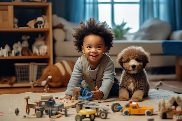 2 year old boy playing in his living room with his wooden strollers and accompanied by his little dog Concept of happy childhood at home Image created with AI