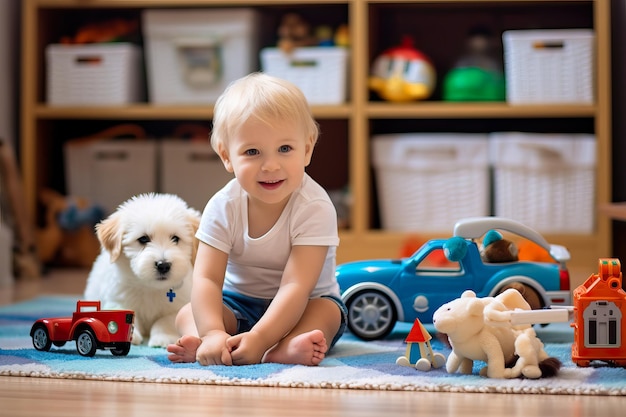 Foto bambino di due anni che gioca nel suo soggiorno con i suoi passeggini di legno e accompagnato dal suo cagnolino concept di infanzia felice a casa immagine creata con ai