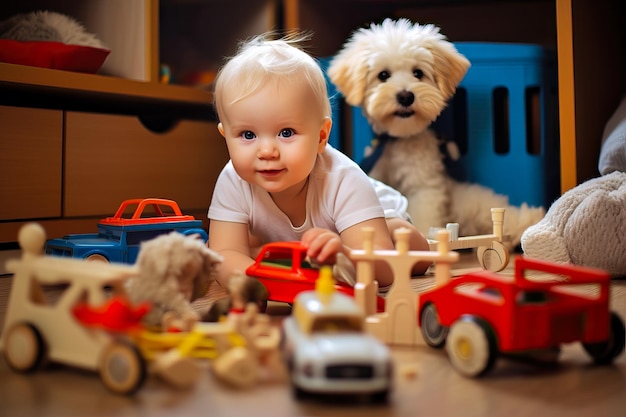 Photo 2 year old boy playing in his living room with his wooden strollers and accompanied by his little dog concept of happy childhood at home image created with ai