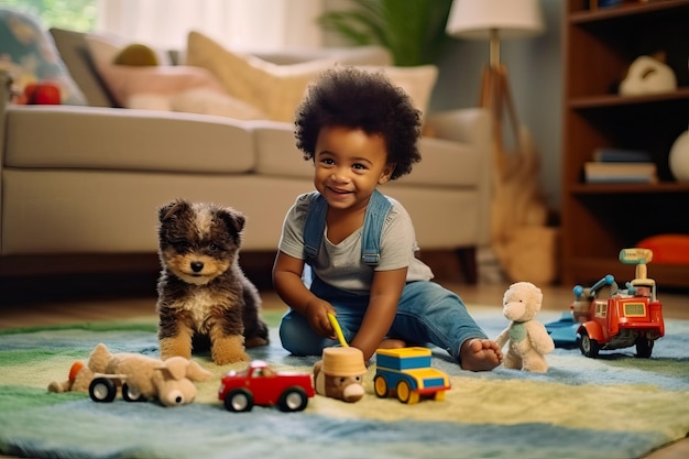 Фото Двухлетний мальчик играет в своей гостиной со своими деревянными колясками и в сопровождении своей маленькой собачки концепция счастливого детства дома изображение, созданное с помощью ии