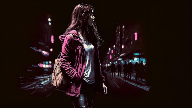 20-jarige blanke vrouw met lang haar in roze die 's nachts op straat loopt door neuraal netwerk gegenereerde kunst