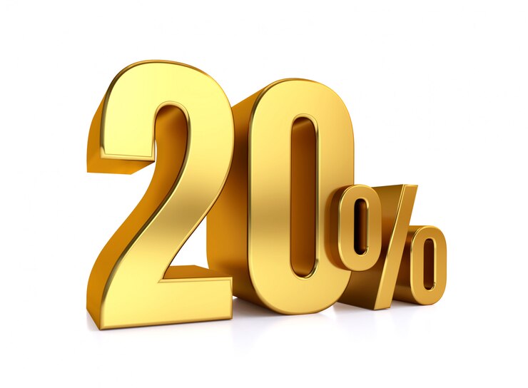 Photo 20 percent on white background. 3d rendering gold metal discount. 20%
