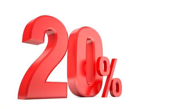 20 procent korting op verkoop en korting, rood 3D-pictogram op witte achtergrond