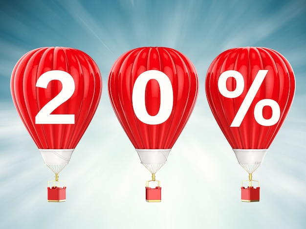 Знак распродажи 20% на 3d-рендеринге красных воздушных шаров