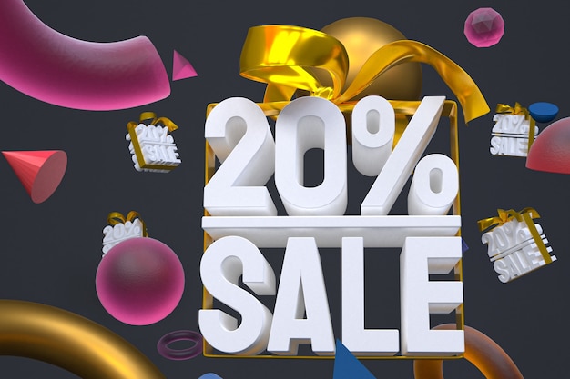 20% sale with bow and ribbon 3d design on abstract geometry background