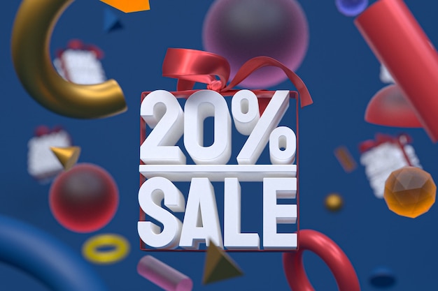 Photo 20% sale with bow and ribbon 3d design on abstract geometry background