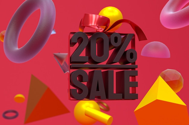 20% sale with bow and ribbon 3d design on abstract geometry background