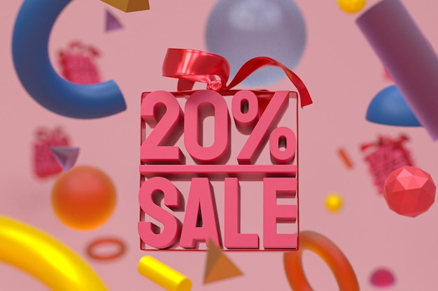 Photo 20% sale with bow and ribbon 3d design on abstract geometry background