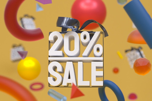 20% sale with bow and ribbon 3d design on abstract geometry background