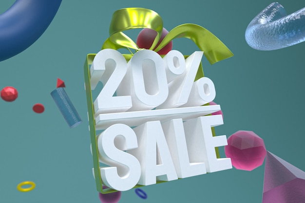 20% sale with bow and ribbon 3d design on abstract geometry