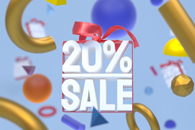 20% sale with bow and ribbon 3d design on abstract geometry