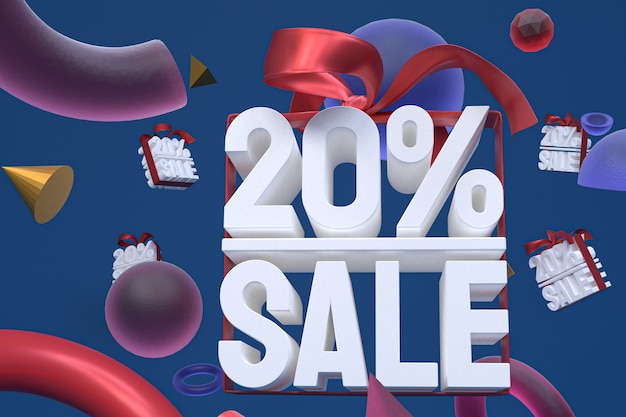 20% sale with bow and ribbon 3d design on abstract geometry