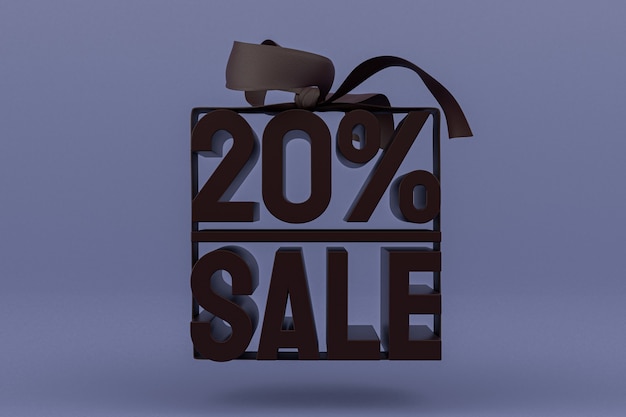20% verkoop met boog en lint 3D-ontwerp op lege achtergrond