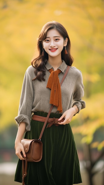 20 years old happy Chinese girl wearing simple green blouse and brown corduroy wrap skirt