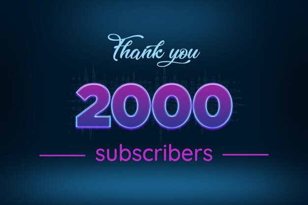 2000 subscribers celebration greeting banner with purple glowing design