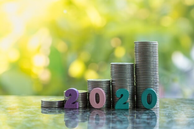 Photo 2010 new year, money and business concept. close up of colorful number wooden in front of stack of silver coins with green leaf nature  background and copy space.