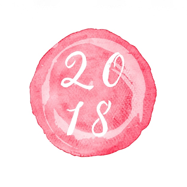 Photo 2018 on red circle watercolor painting on white paper isolated on white background, banner new year greeting card