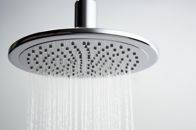 2019 isolated silver round shower head with hard water deposit close up shot