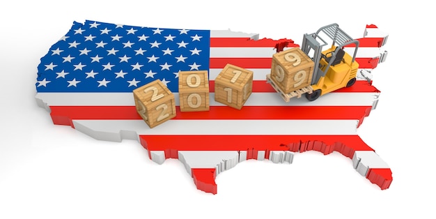 2019 Wooden Block Text of USA Flag Map. 3D Rendering
