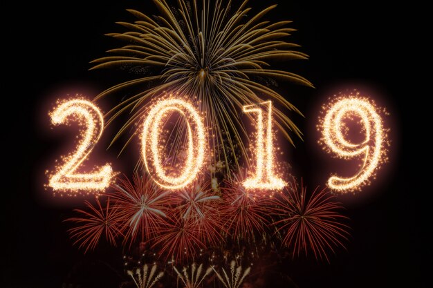 2019 written with Sparkle firework on fireworks with dark background, Happy new year celeb