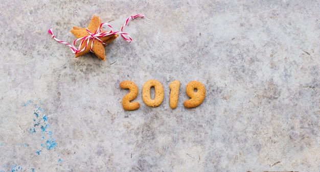 2019 year lettering. Baked gingerbread cookies