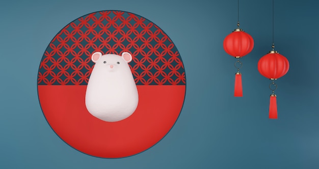 2020 Chinese New Year. Chinese rat floating on red pedestal. Chinese lantern hanging on a red wall background. Year of the rat