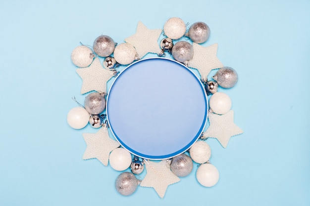 2020 Christmas decor toys wreath, white balls, stars on blue background