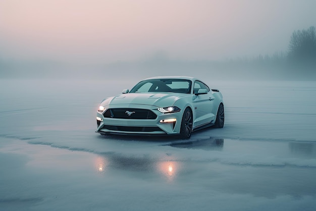 A 2020 ford mustang on a frozen lake