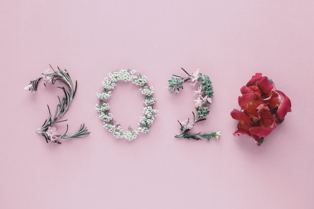 ピンクの背景、新年あけましておめでとうございます、健康的なライフスタイルの自然な葉と花から作られた2020