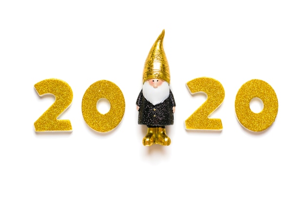 2020 numbers decorated with gold sparkle, elf in black, gold color isolated on white background.