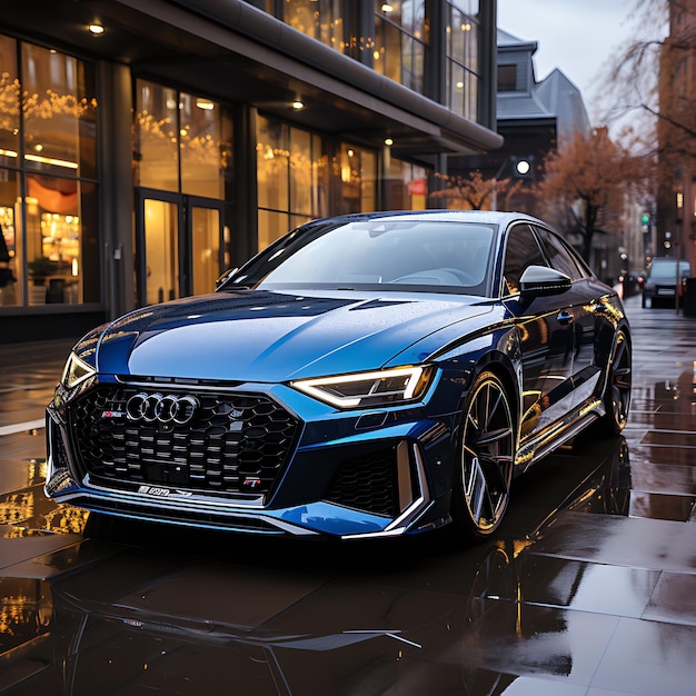 2021 A Blue Audi RS3 Sedan black trim twin turbos sticking through hood of car front side view