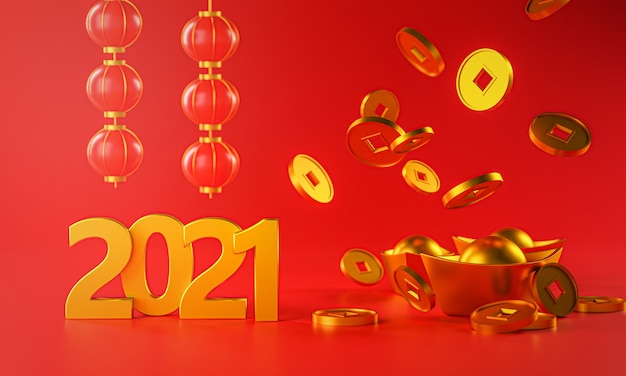 2021 gold chinese new year. chinese gold coin falling to ingot. lantern 3d rendering