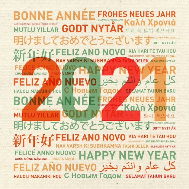 2021 Happy new year vintage card from the world in different languages