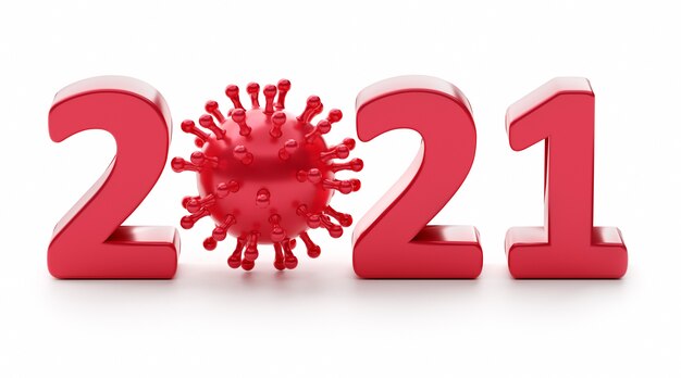 Foto 2021 is het jaar van het coronavirus. cijfer 2021 met virussen. 3d-weergave