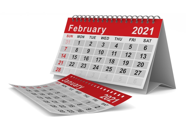 2021 jaar. kalender voor februari. geïsoleerde 3d-afbeelding