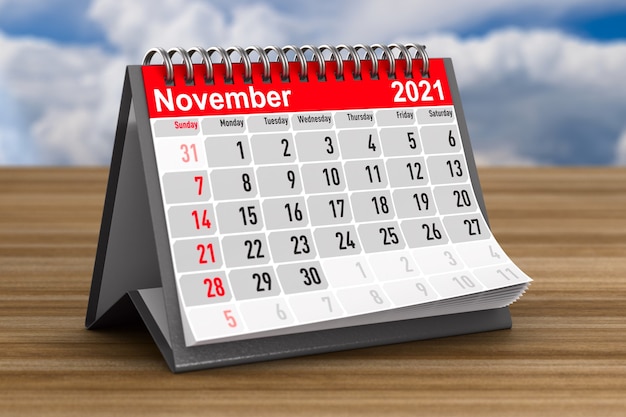 2021 jaar. Kalender voor november. 3D illustratie